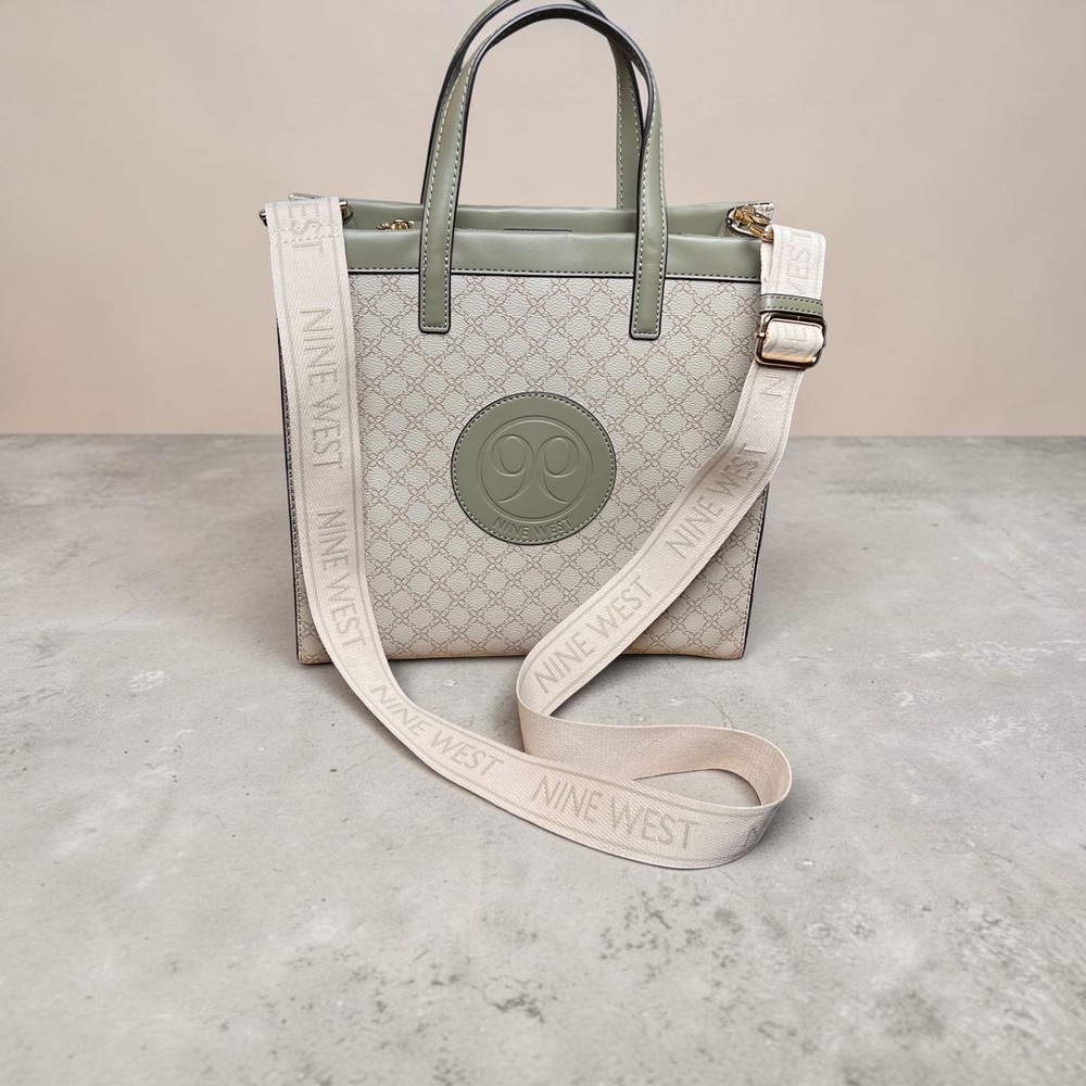 Nine West Monogram Tote Bag Sage Green Cream Crossbody Satchel Handbag